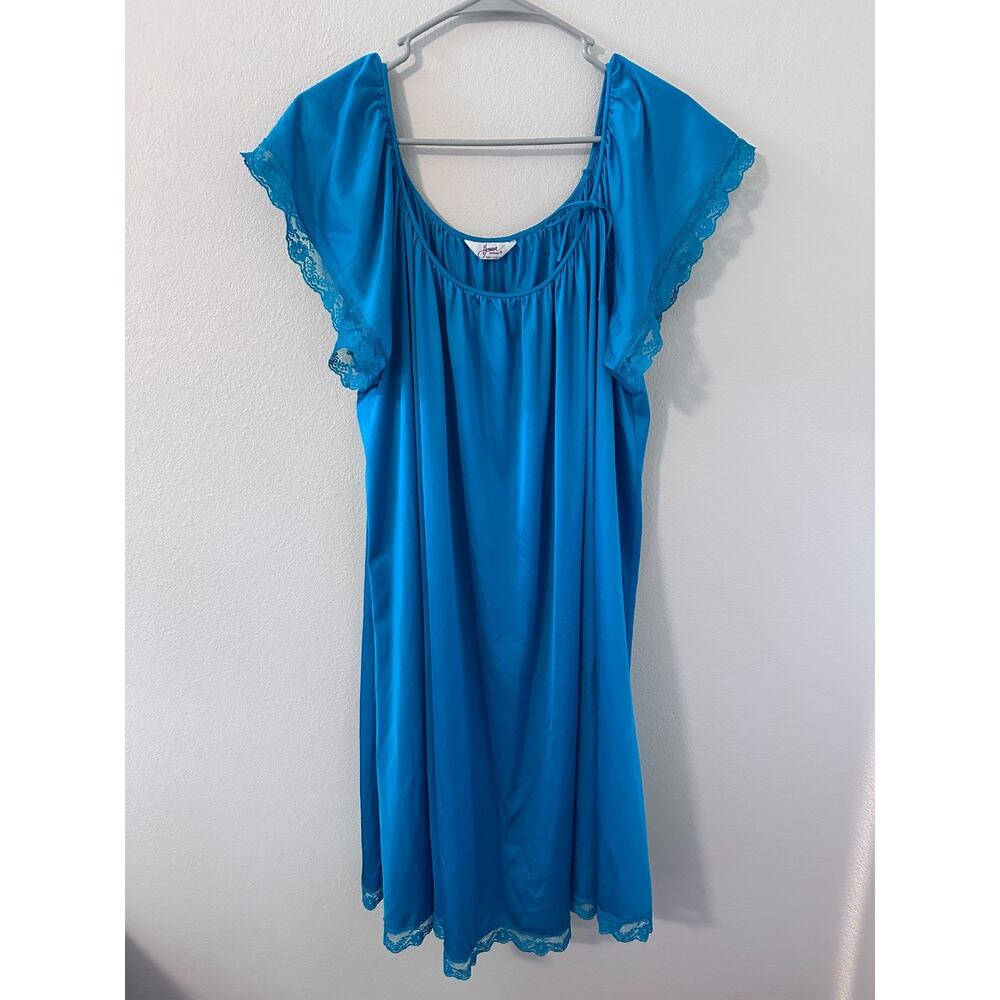 Vintage Jenison Kickernick XL Teal Blue Satin Lace Trim Nightgown Flutter Sleeve